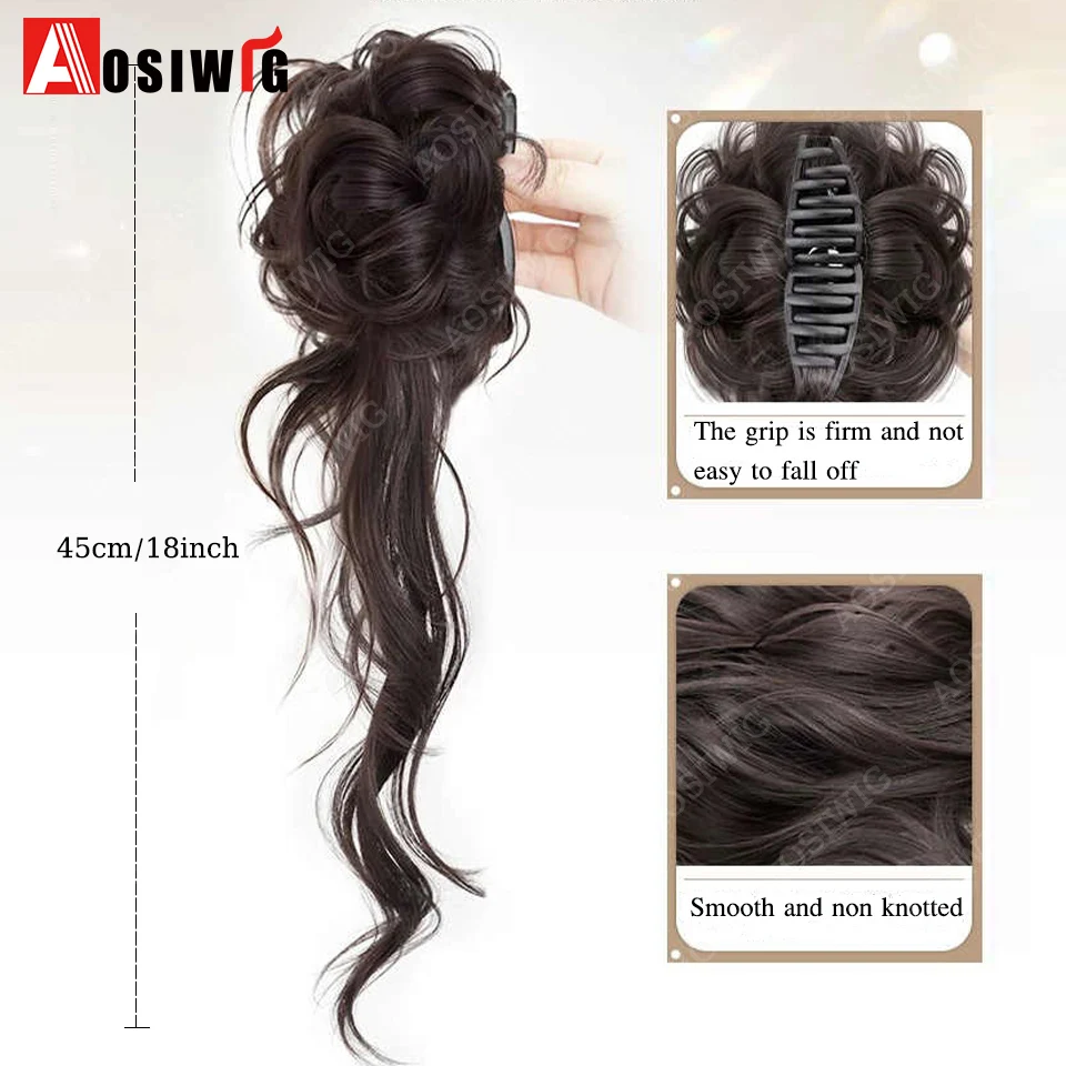 1Pc Synthetic Wig Messy Bun Ponytail Claw Clip Curly Wig Side Tied With Low Ponytail Temperament Fluffy Wig For Women Daily Use