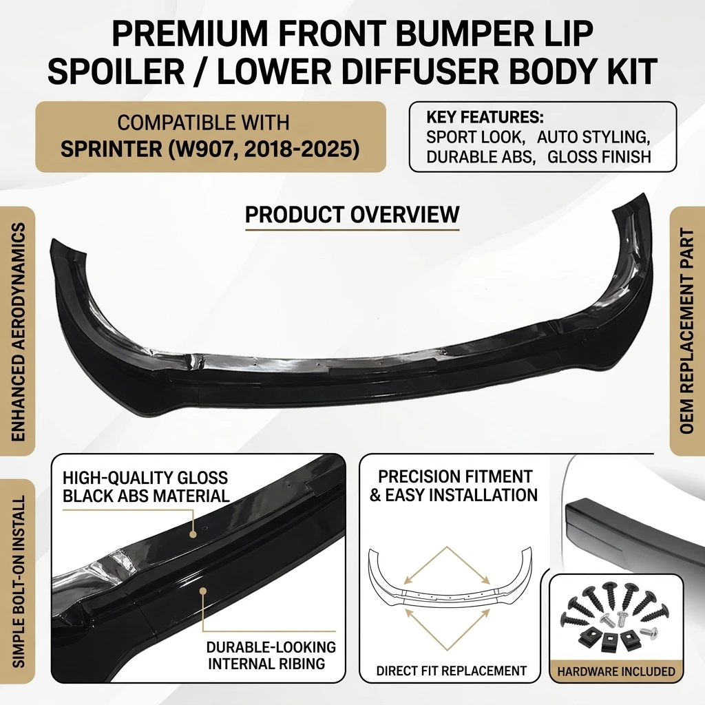 For Mercedes-Benz Sprinter W907 2018-2025 Front Bumper Lip Spoiler Splitter Lower Diffuser Body Kit Tuning Gloss Black ABS Plastic Replacement Direct Fit Easy Install Car Accessories Auto Styling Sport Look OEM Replacement Part With Screws Kit