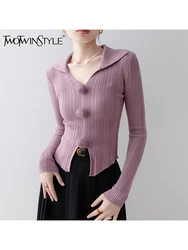 TWOTWINSTYLE Solid Patchwork Appliques Elegant Sweater For Women Lapel Long Sleeve Slimming Casual Sweater Female Autumn Fashion