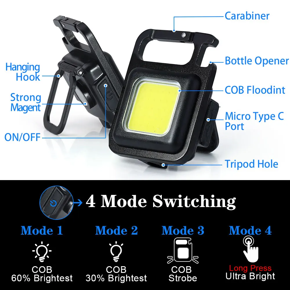 Mini LED Flashlight Mutifuction Portable USB Rechargeable Pocket Work LED Keychain Light Outdoor Camping Fishing Climbing