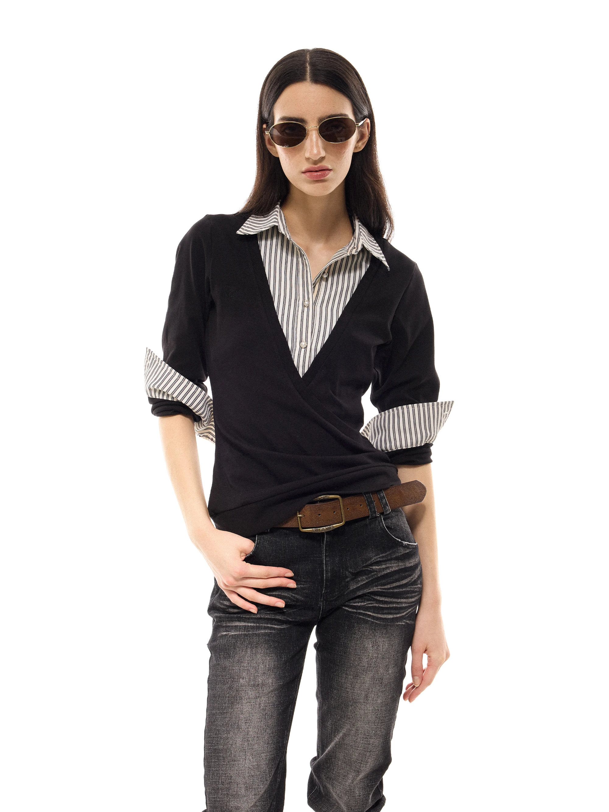 

Costustoot Slim Fit Stripe Patchwork V-Ne Elastic Design Sensation Long Sve irt Autumn Winter Ro Sle Women's Top