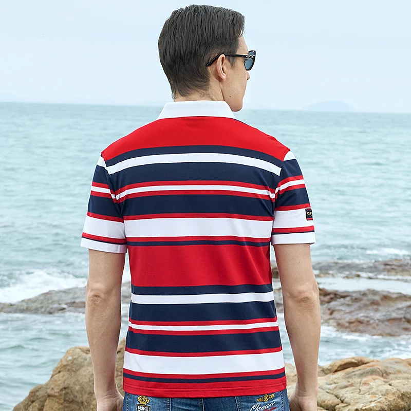 Summer New Casual Men's Blue Striped Polos Short Sleeve Bruce&Shark Fashion T-shirt Breathable Embroidery Men Tee Big Size 4XL