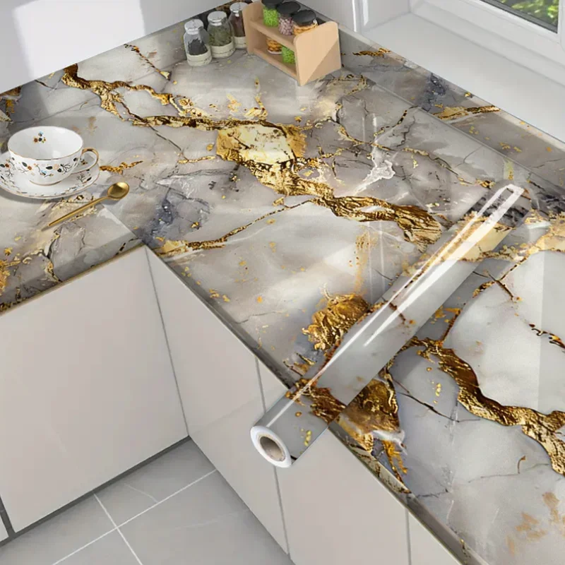 Gold Marble-Pattern Wall Sticker Waterproof Self-Adhesive Decorative Decal Suitable For Shower Tabletop And Countertop.