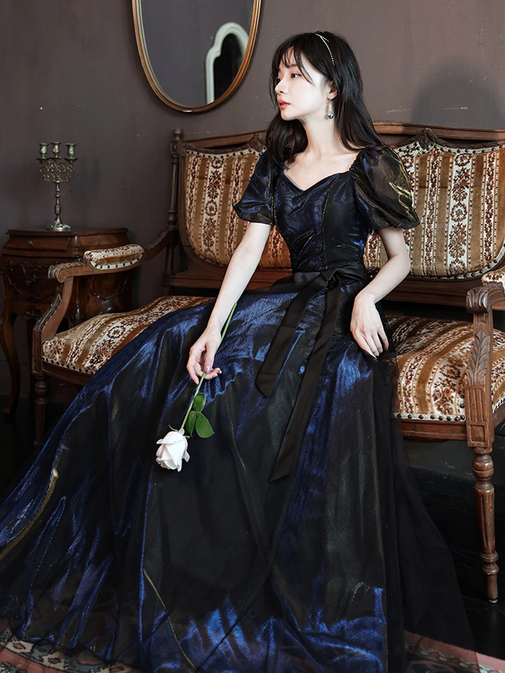 

Женские черные вечерние платья, элегантное платье для выпускного вечера с квадратным воротником и пышными рукавами, роскошное блестящее длинное платье для вечеринки