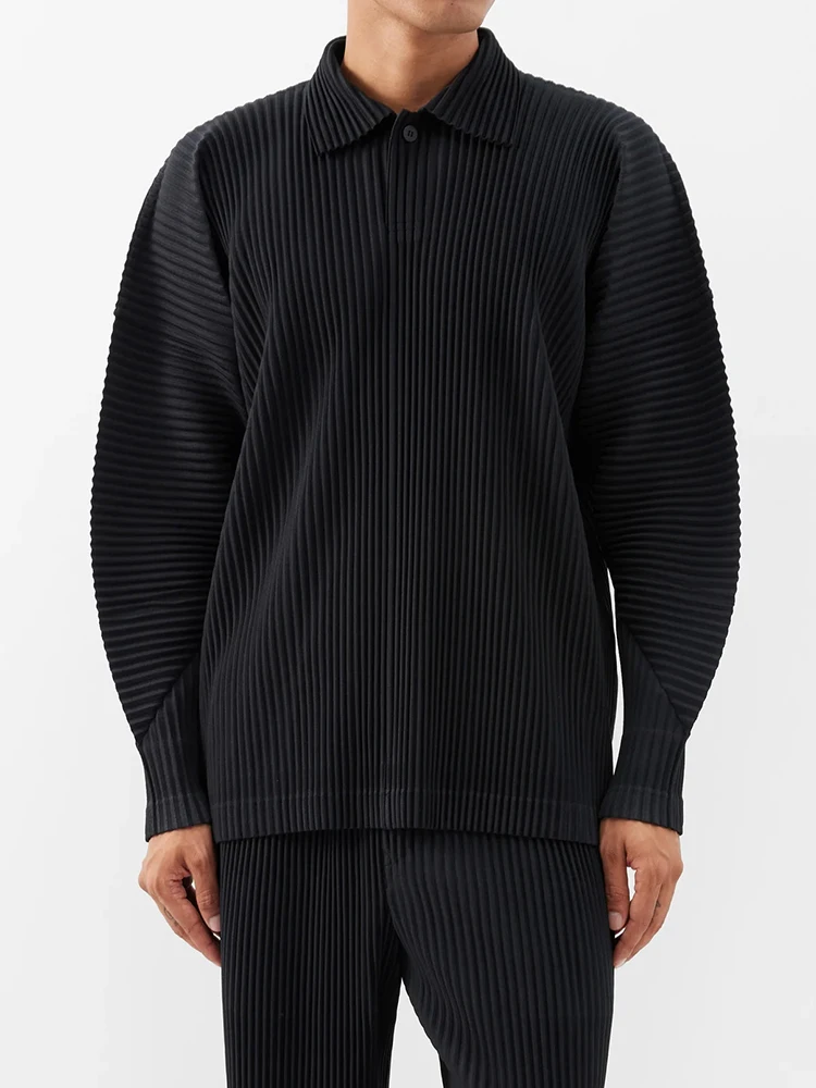 

Miyake плиссированная мужская рубашка-поло с длинными рукавами и лацканами, дышащая повседневная рубашка-поло с длинными рукавами