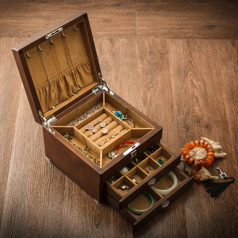 #Elm pure solid wood jewelry box box multi-layer jewelry collection storage box with lock