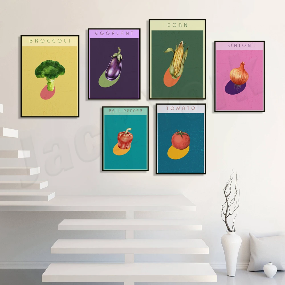 

Colorful vegetable poster, onion, eggplant, corn, bell pepper, avocado, tomato, broccoli vegetarian art, kitchen decoration