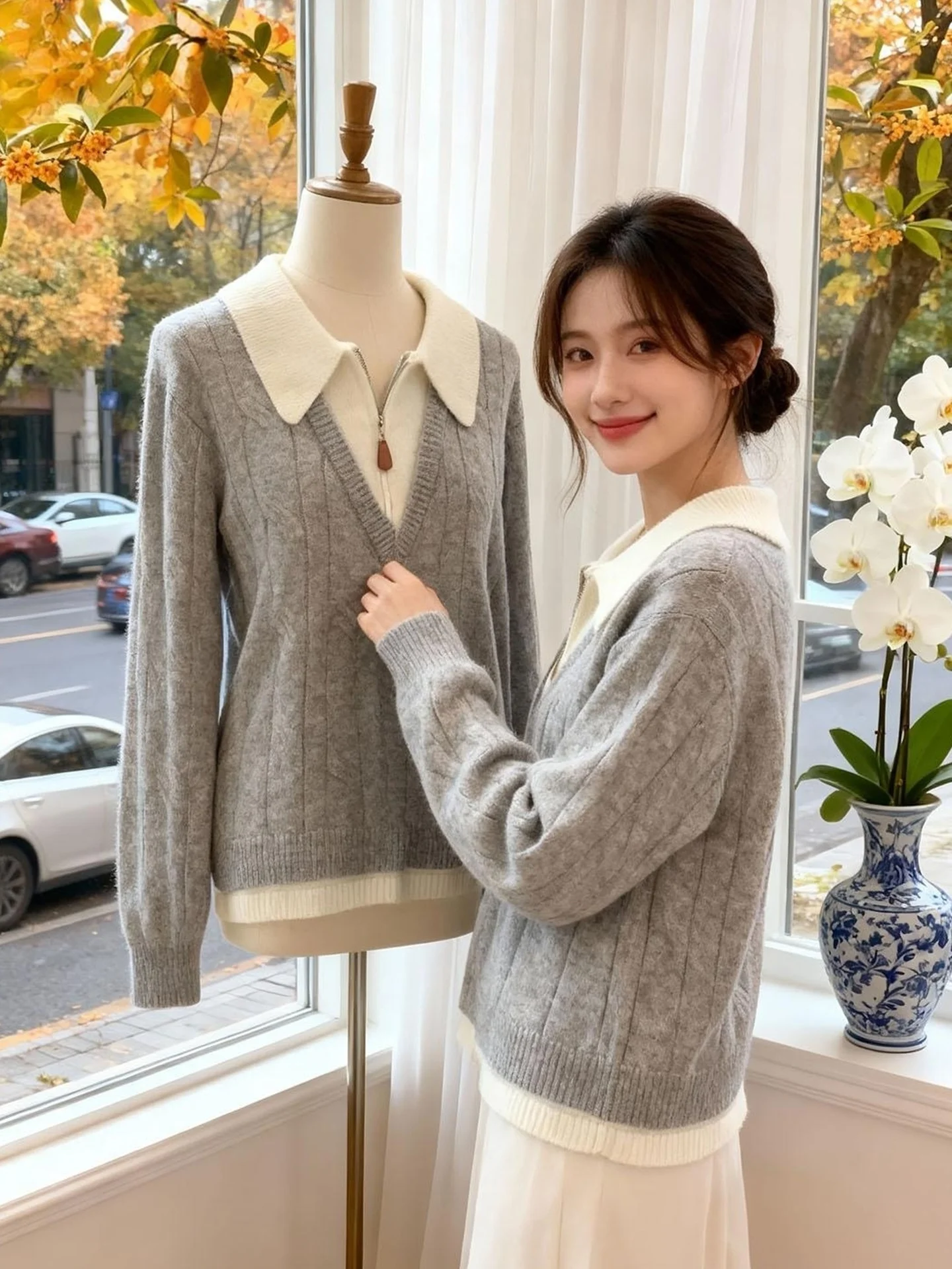 

Soft Thiened Knitted Sweater Turn-down Collar Sweet Top Skin-friendly Long Sve Winter Outfit Hooded Long Sve Women