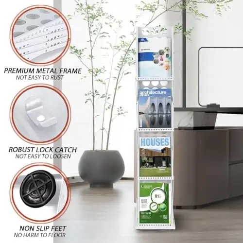 

White Portable 4-Tier Metal Floor Literature Display Stand With Foldable Design, Non-Slip Feet, Lock Catch, And Carry Bag For