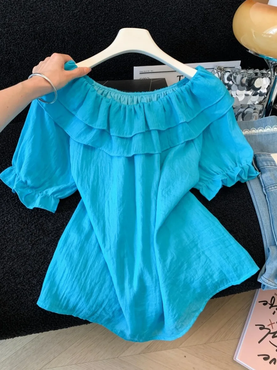 

Summer Lightweight Loose Women's Shirt Gentle Breeze One-Shoulder Lace Trim Short Sleeve Dopaamine Style Breathable Polyester