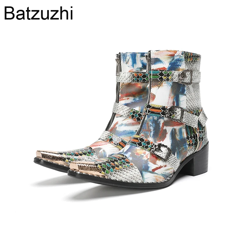 

Batzuzhi 6.5cm High Heels Men's Boots Pointed toe Punk Red Leather Ankle Boots Man Straps Zip Pointed Iron Toe Party Footwear!