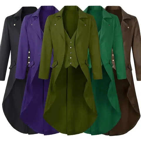 Men's Medieval Retro Tailcoat - Length Long Sleeve Formal Jacket, Steampunk Gothic Costume for Halloween, Renaissance Fairs