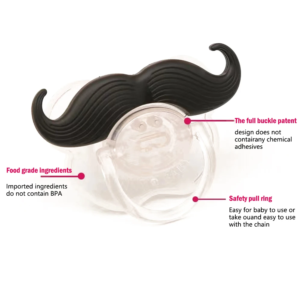 0-36 months old quirky curly beard baby pacifier with pull tab, with lid but no chain, making parenting more joyful