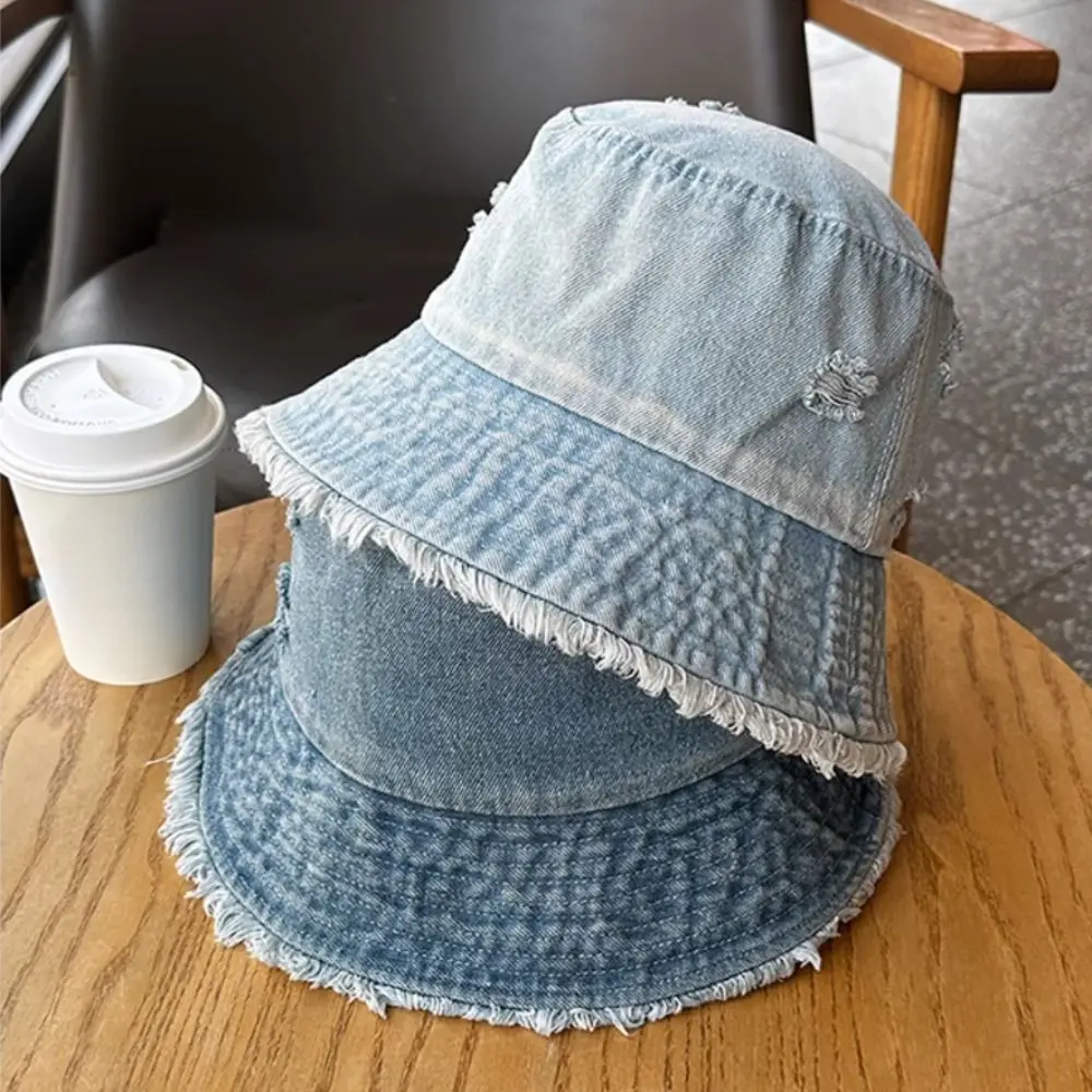 

Personalized Korean Style Denim Bucket Hat Large Brim Frayed Edge Fishermen Caps Solid Color Breathable Sun Hat Outdoor