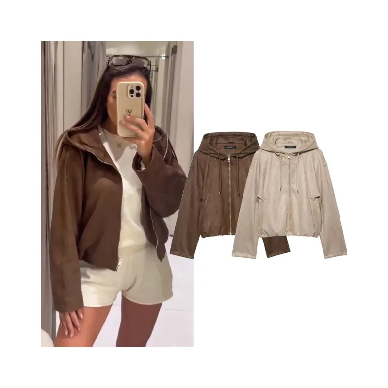 여성 스웨이드 재킷 후드 드로스트링 가을 여성 시크 탑 긴 소매 포켓 지퍼 여성용 인조 코트