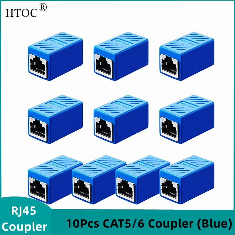 HTOC 10 PCS RJ45 Coupler Network Connector For Cat6/Cat5 Ethernet Network Cable Coupler Female To Female (Blue)