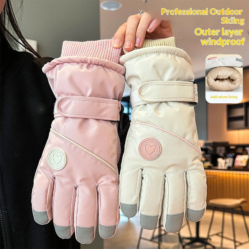 Winter Ski Gloves for Women Korean Style Fleece Lined Thickened Cold-proof Waterproof Anti-slip Windproof Outdoor Cycling Gloves