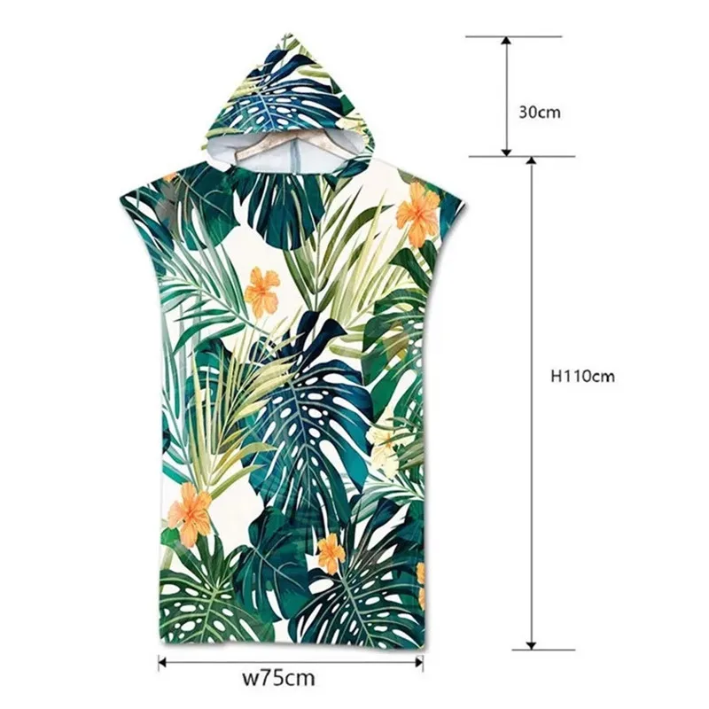 Tropical Leaves Birds Microfiber Hooded Poncho Towel Beach Surf Swim Beach Changing Robe Adult Unisex Holiday Gift Drop Shipping