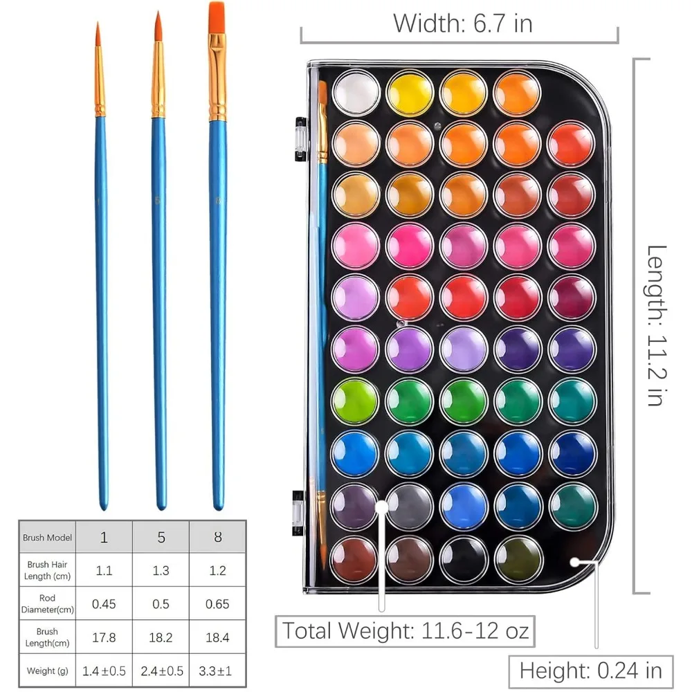 Upgraded 48-color washable watercolor paint set with 3 brushes and palettes, non-toxic paint set