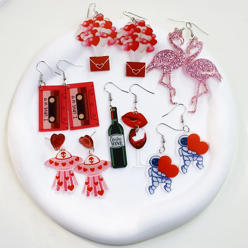 Pendientes acrílicos con labio rojo vino romántico para el Día de San Valentín para mujer, dulce corazón, pingüino, globo, letra de amor, pendiente colgante, regalo