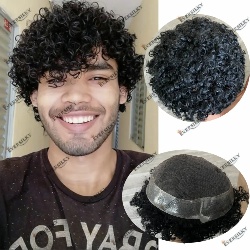 

15mm Afro Curly Australia Breathable Lace&PU Base Toupee Human Hair For Men Capillary Prosthesis Male Hair Replacement System