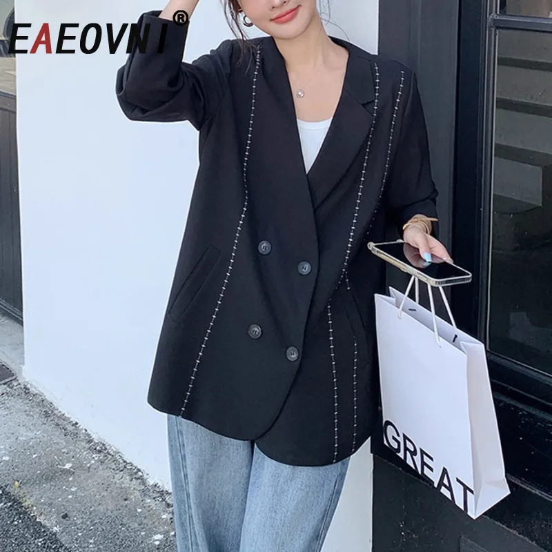 

EAEOVNI Fashion Embroider Design Blazer Coat Women V Neck Long Sleeve Double Button Jacket Office Lady 2025 Autumn New Clothing