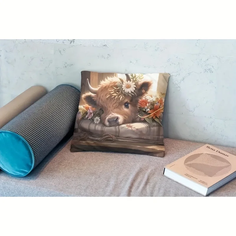2D Highland cow pillow cover, spring flower highland cow decorative cushion, country style zipper pillow cover