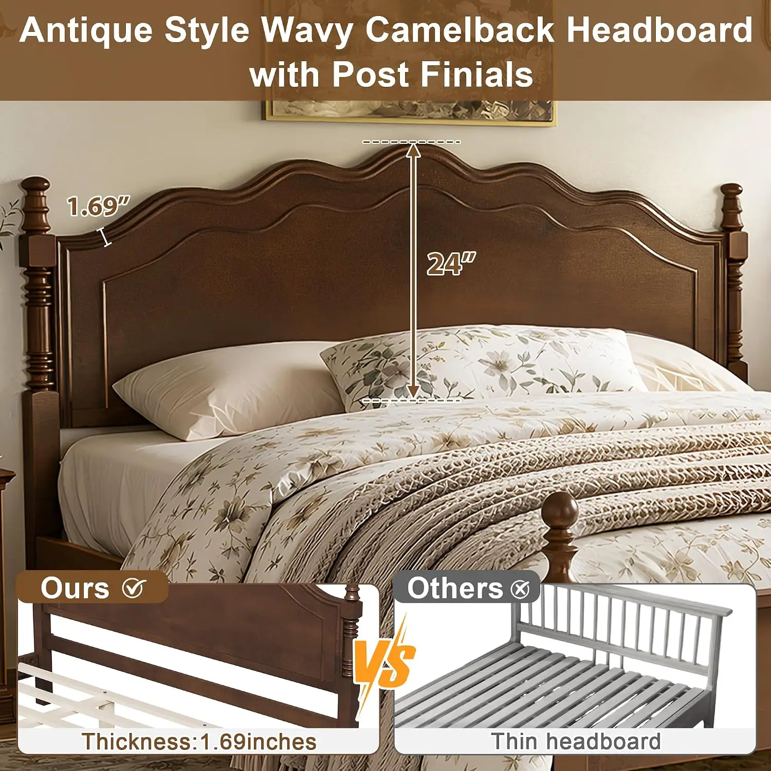Vintage Wood Platform Bed Frame Spindle Post Curved Headboard No Box Spring Needed King Size, Customized image 4