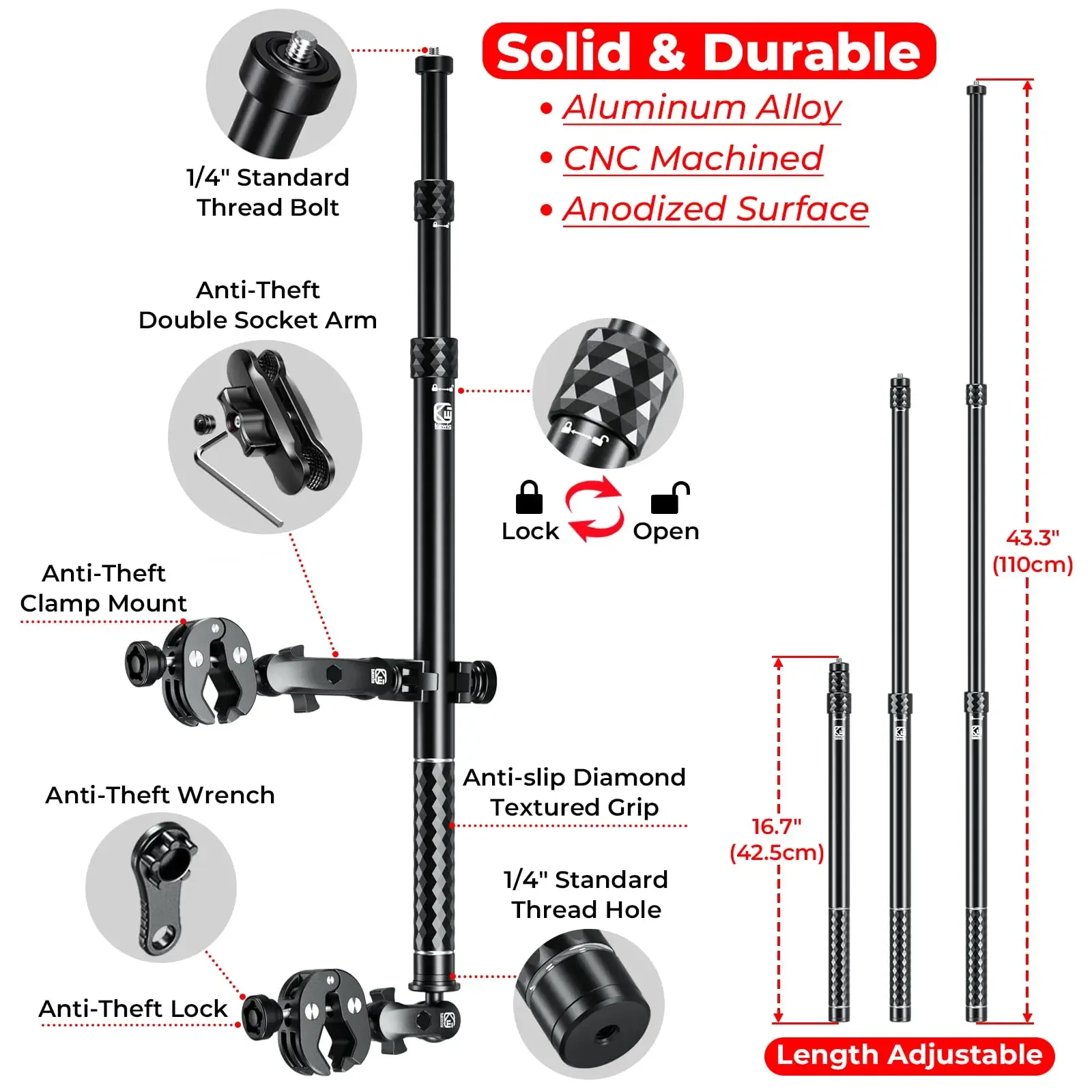 Aluminum Alloy Motorcycle Camera Mount Kit GoPro Insta360 , Heavy-Duty Anti-Theft Clamp Extendable Selfie Stick Bike JJ205