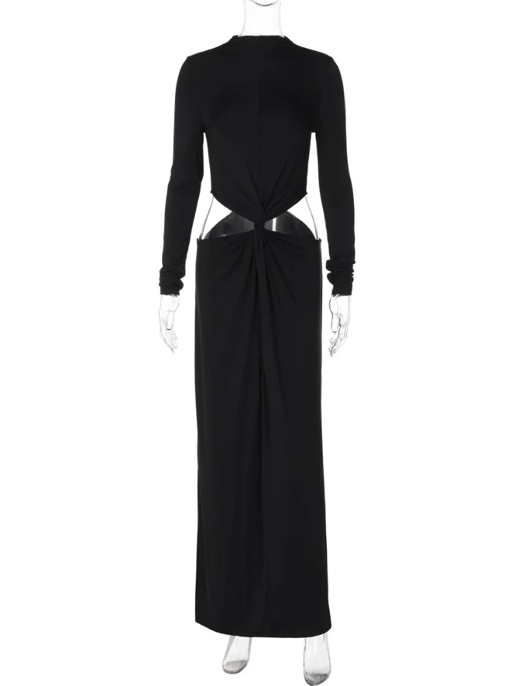 เสื้อผ้าผู้หญิง Hollow OUT Tie Knot ยาว Maxi สีดําชุดสุภาพสตรี 2025 Chic แขนยาวเอวสูงตัดชุดราตรี