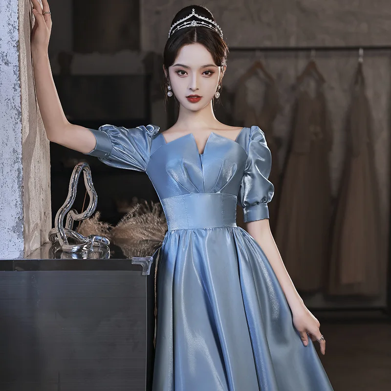 

Elegant Blue Satin Evening Party Dress Female Qipao Cheongsam Retro Palace Style Banquet Dress Robe De Soiree Long Pleated Dress