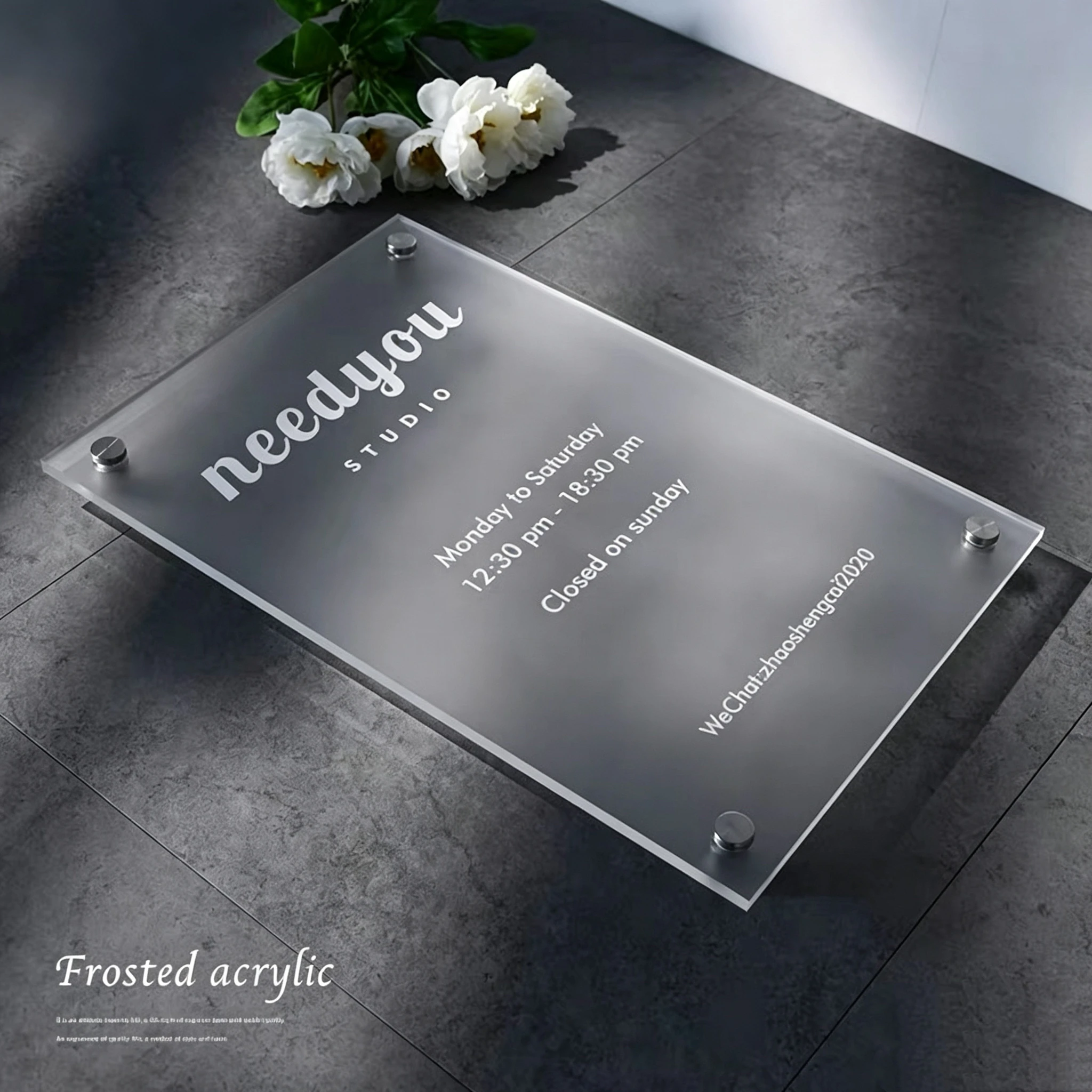 Modern Frosted Acrylic Signboard Outdoor Use Customize Logo QR Code Instagram For Company Shop Store Hotel Beauty Salon Clinic