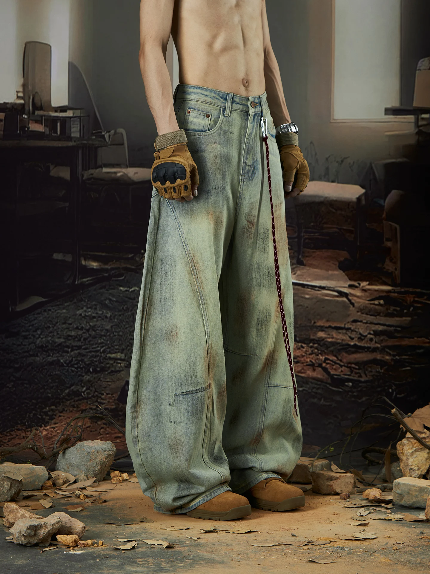 

Special-Interest Design Hand Painted Dirty Dyed Old Waste Soil Wind Washed Yellow Green Sand Loose Wide Leg Matchet Pants Jeans