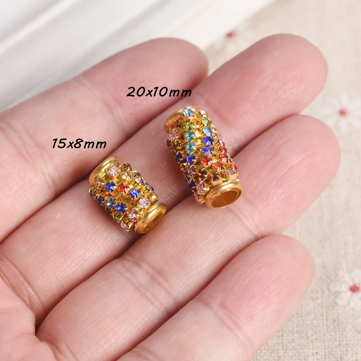 5pcs 15x8mm 20x10mm Cylinder Tube Copper Metal Crystal Glass Rhinestones Loose Big Hole Beads for Jewelry Making DIY Bracelet
