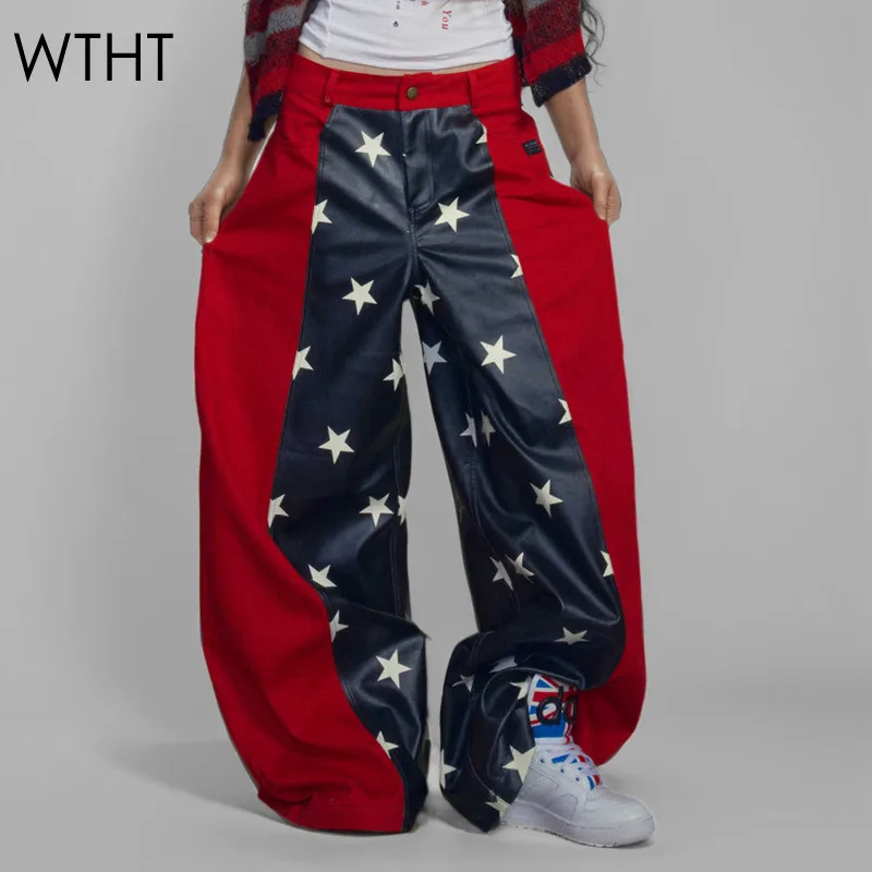 WTHT New Trendy Women's Patchwork Control Color Star Print PU Leather Pants 2024 Autumn Loose Straight Trousers Female 1LS152