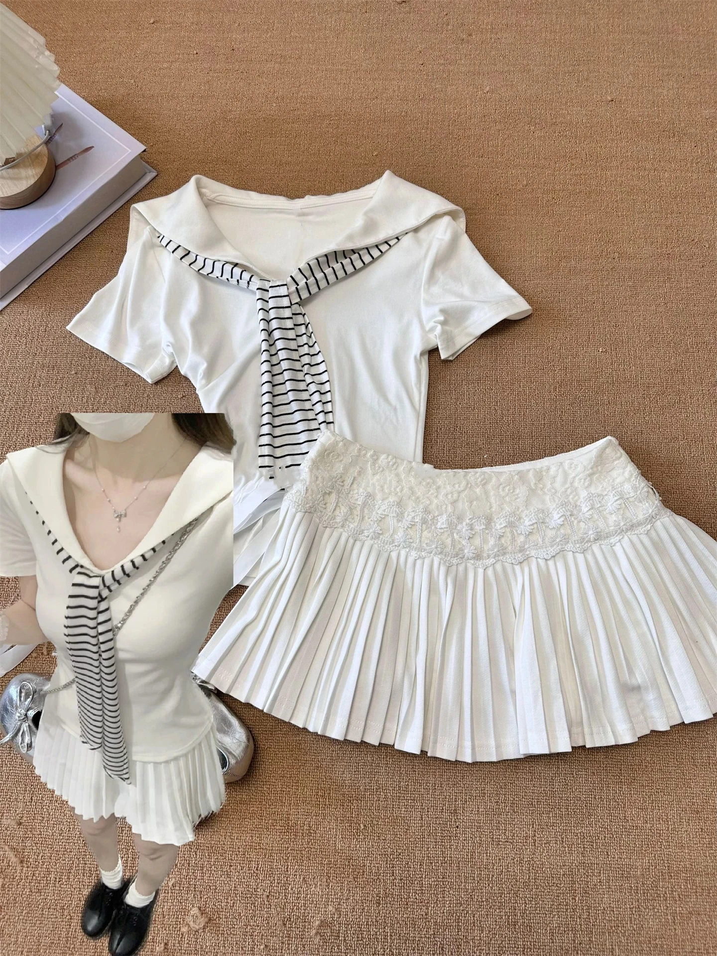 Large Size Pure Desire Girl's Lace Patchwork Belted White Half Skirt A-Line Short Skirt Commute Korean Style High Waist Pleated