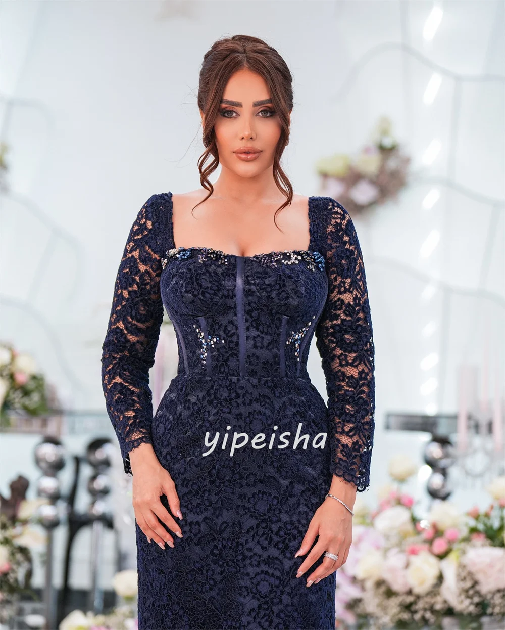 تخصيص الطراز الحديث أنيقة الدانتيل حجر الراين الطية مستقيم ساحة الرقبة الكاحل طول فساتين مناسبة مخصصة فساتين الكلاسيكية