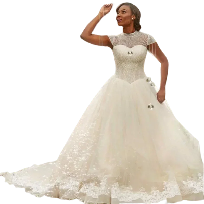 Vestido de novia personalizado, vestidos de novia 2025, bata de boda para mujer, cuello alto, mangas casquillo, lentejuelas, apliques de cuentas, vestido de novia