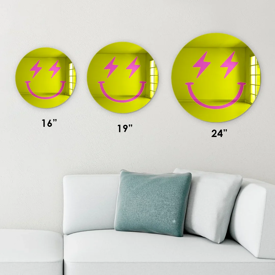 Happy Face With Lightning Bolt Eyes 3D Mirror Wall Art Playful Facial Wall Hanging for Bedroom Living Room Decor Salon Decor