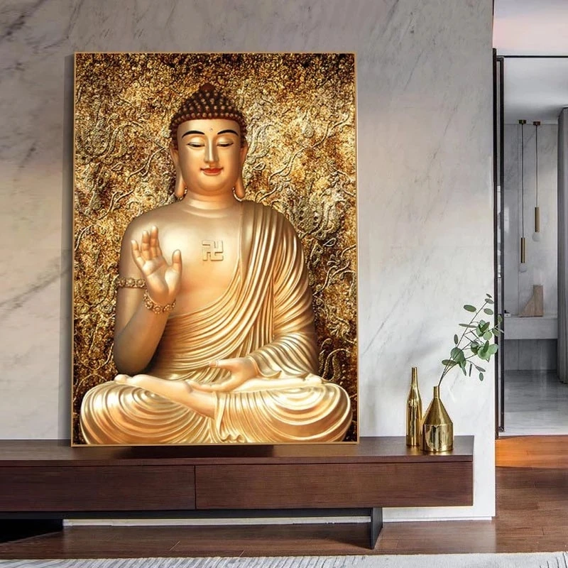 Modern Golden Buddha Statue Print Art Canvas Poster, Living Room Decor, Home Wall Picture