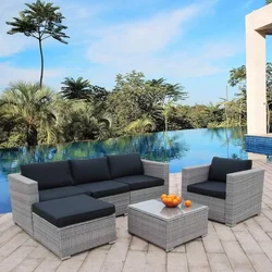 Furniture Set PE Gray Rattan Wicker Sectional Outdoor Sofa Set Outside Couch w/Black Washable Seat Cushions Glass Coffee Table