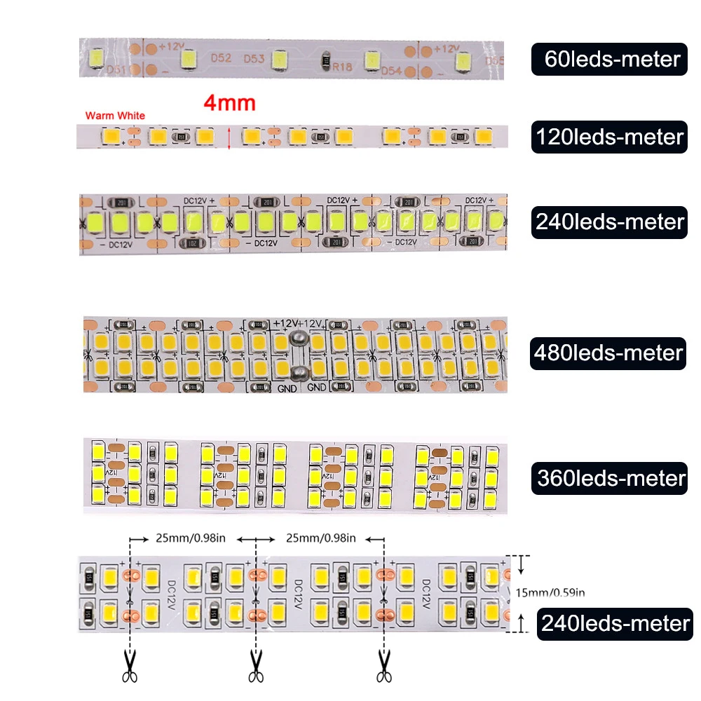 防水LEDストリップライト,屋外照明,フレキシブル,DC 12V, 2835, 60, 120, 240, 360, 480,1 mあたり3000,4000k,k 6000k