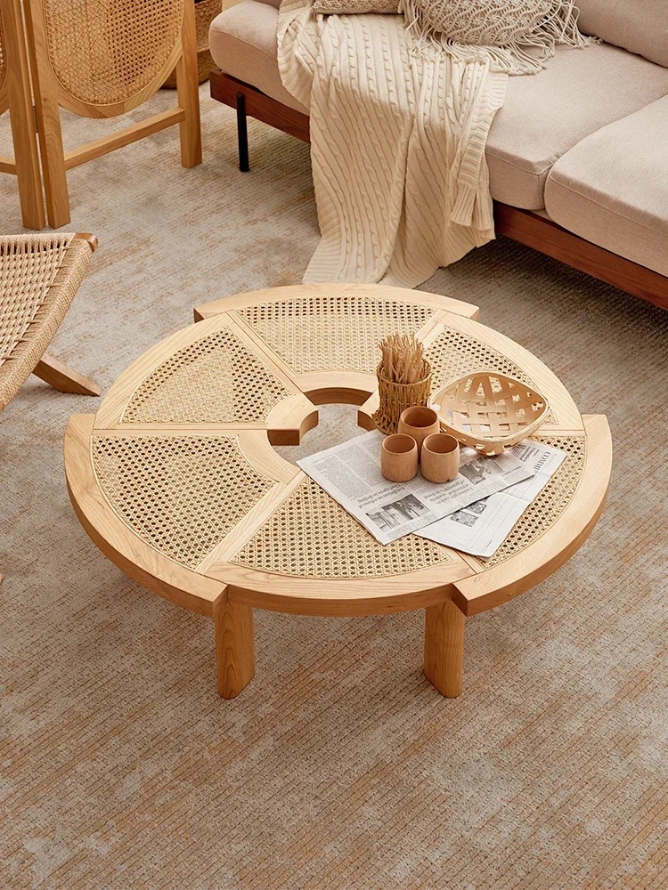 round solid wood gear special-shaped light luxury household tea table, living room, rattan weaving small house