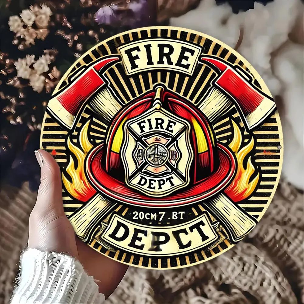 1pc Vintage Firefighter Wreath Emblem, 8x8 Inch Aluminum Metal Badge, Home Fire Department Decorative Badge, Stylish Club, Farm