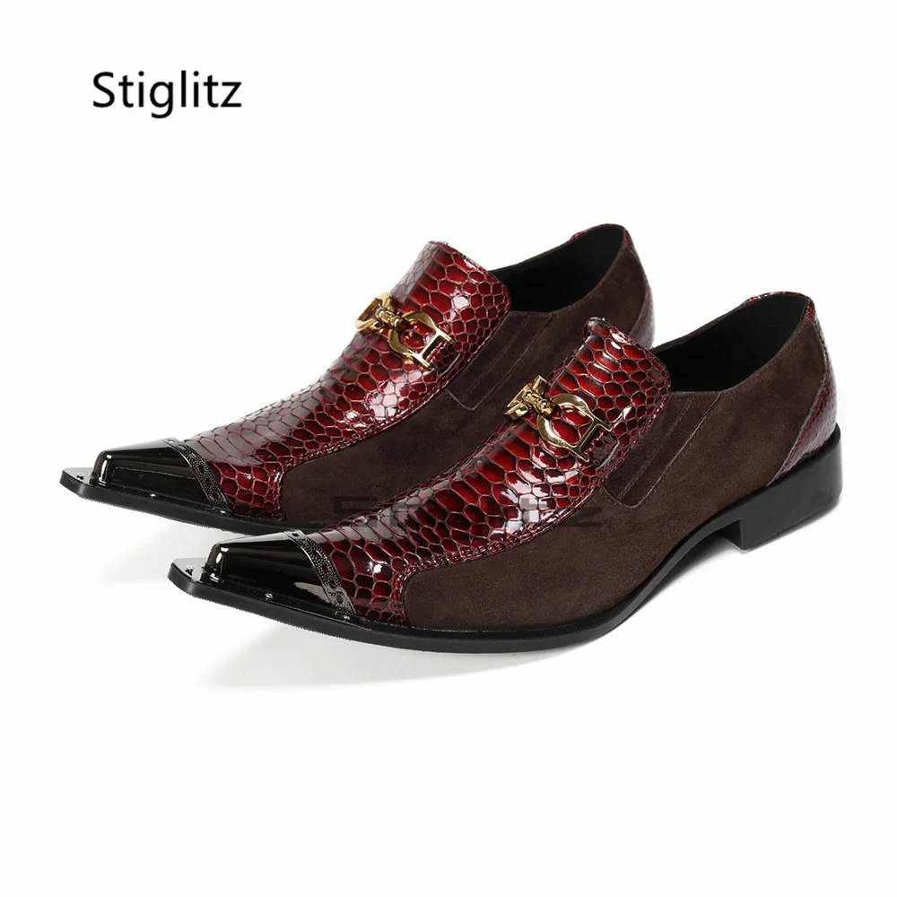 

Men's Metal Buckle Dress Shoes Trendy Metal Pointed Toe Suede Leather Patchwork Low Heel Casual Business Party Dress Male Shoes