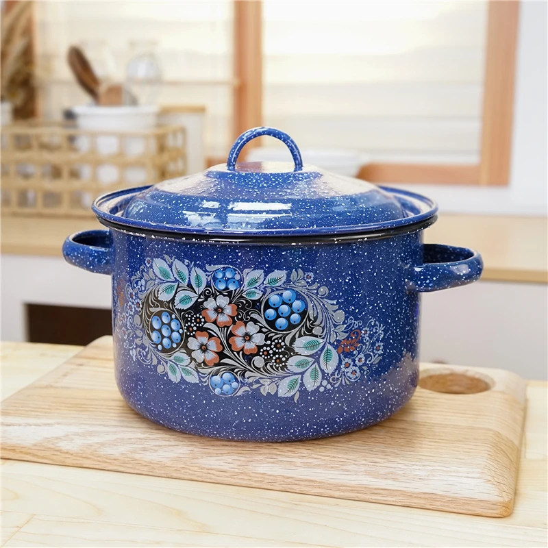 

Enamel Soup Pot Blue Star Highlight Curl Storage Tank Household with Lid Cooking Pot for Kitchen Retro Pastoral Flowers Cookware