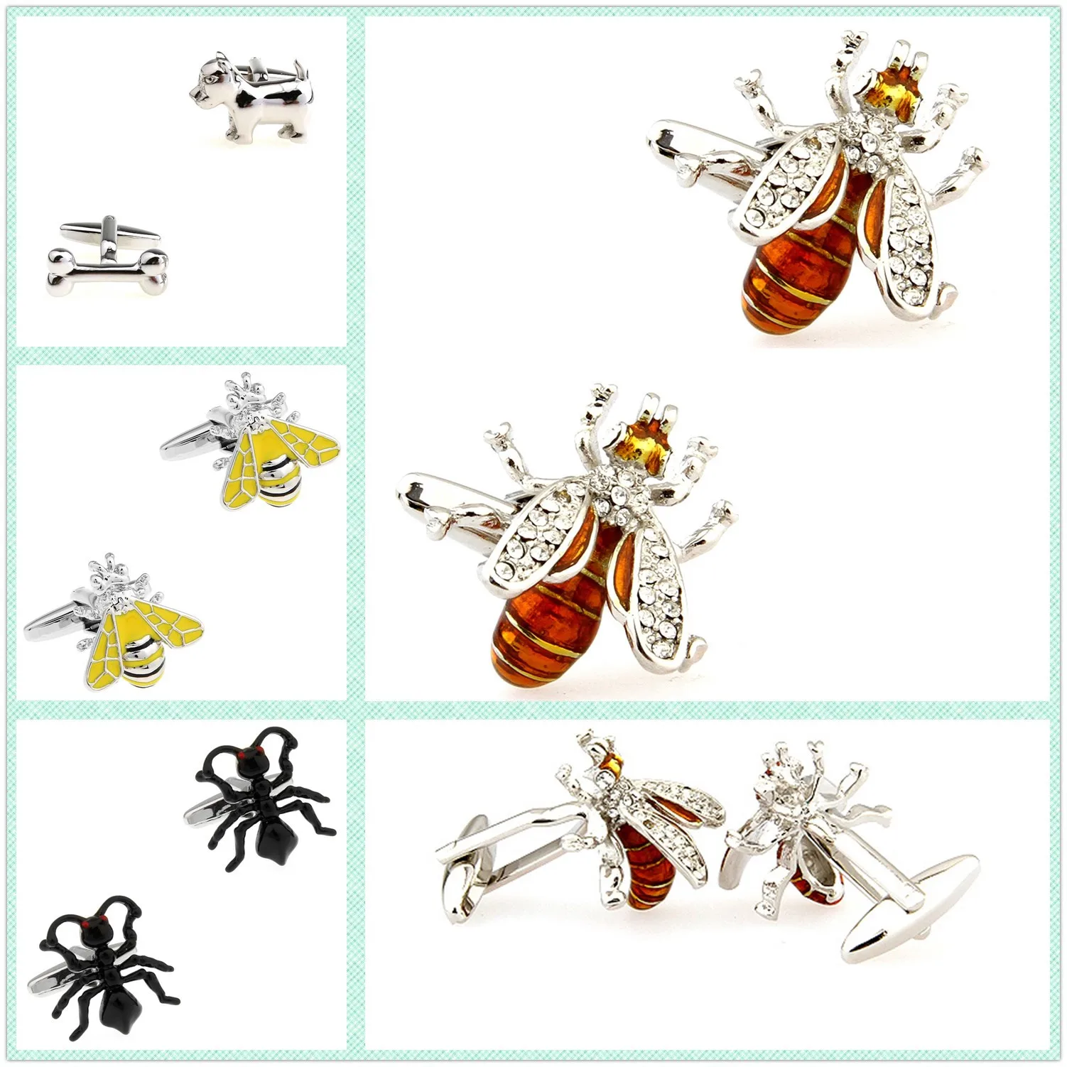 

4 Styles Wholesale Fashion Animal Cufflinks Men Cuff Links Bee Dog Ant 50 Pairs Shipping