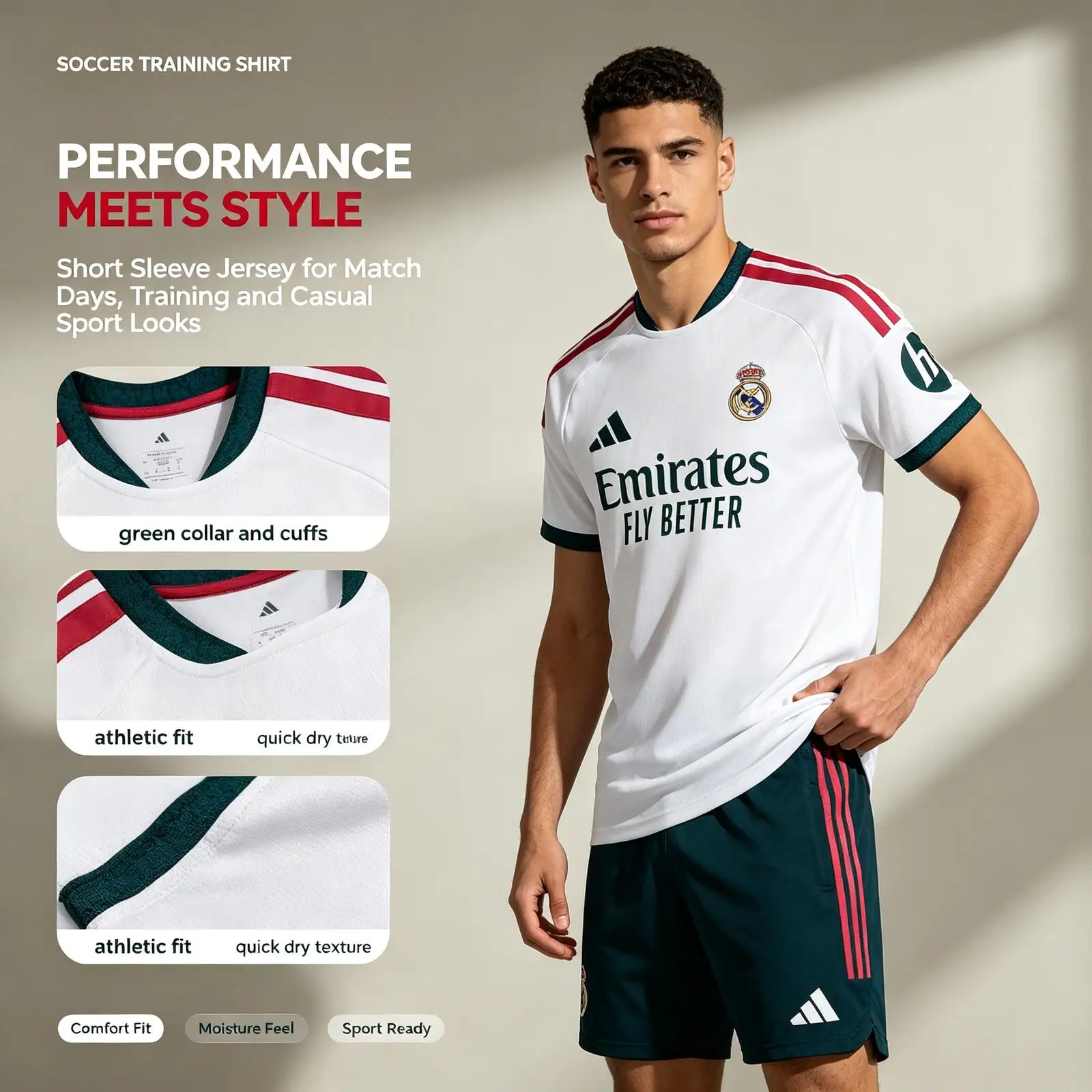 New Adidas White Soccer Jersey Men Short Sleeve Football Shirt Green Collar Red Stripes Breathable Training Uniform JZ7206