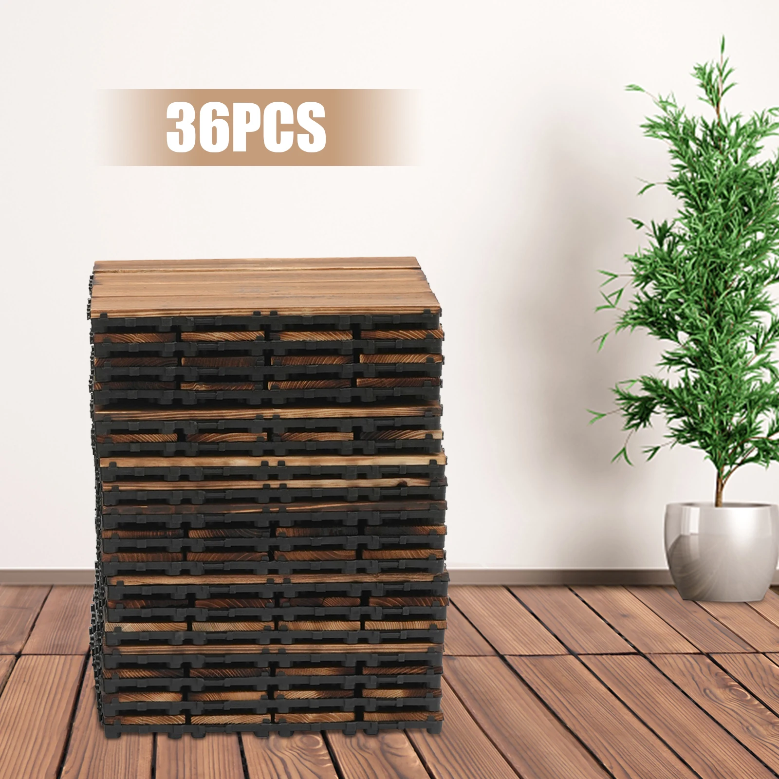 Carbonized Wood Interlocking Flooring Tiles 12x12in, Waterproof & DIY Installation for Patio/Balcony/Indoor