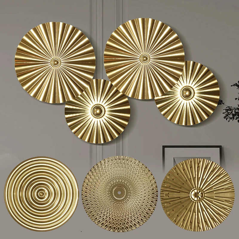 Golden Round Metal Plate Wall Hanging Decoration Iron Crafts Pendant Background Decoration For Living Room Office